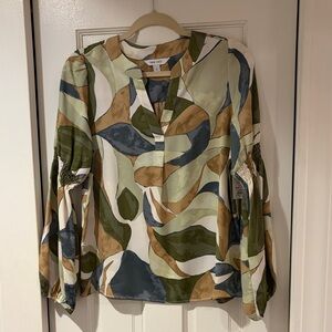 Nine West Olive, Tan & Cream Abstract Print Blouse